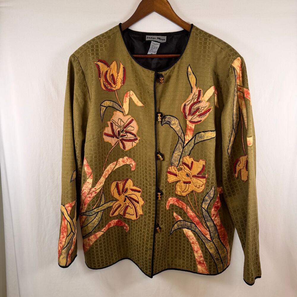 Indigo Moon Women’s 1X Floral Patchwork Embroidered Jacket Green Artwear Boho - Picture 2 of 7